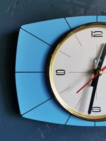 Horloge formica vintage pendule murale silencieuse FFR bleu