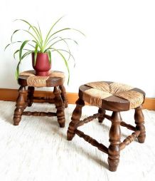 Paire de tabourets de cheminée bois et paille 1950 