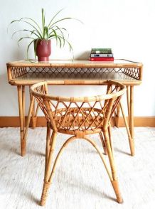 Bureau et chaise en rotin à croisillons 1960