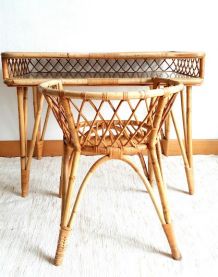Bureau et chaise en rotin à croisillons 1960