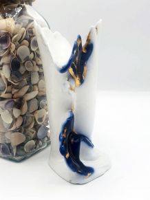 Superbe Petit vase ancien porcelaine bleu dorure de 1917