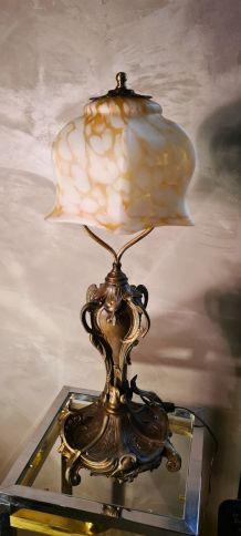 grande lampe 1900 art nouveau en regule patine bronze abat j