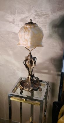 grande lampe 1900 art nouveau en regule patine bronze abat j