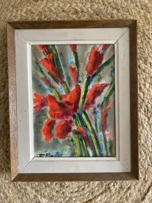 Peinture à l huile sur bois,  iris rouges.