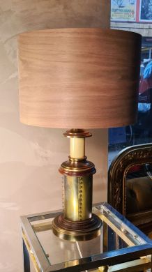 lampe 1970 bois et metal style riveté patiné avec superbe ab