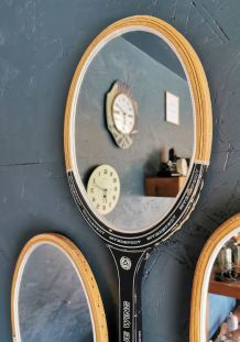 Miroir mural ovale bois raquette tennis vintage "Blue Wing"
