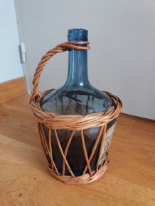 Dame Jeanne bouteille verre bleu et osier
