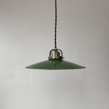 ANCIENNE SUSPENSION INDUSTRIELLE EMAILLEE VERTE 31 cm 