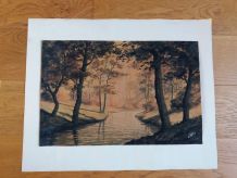 Aquarelle signée Darta paysage rivière et forêt