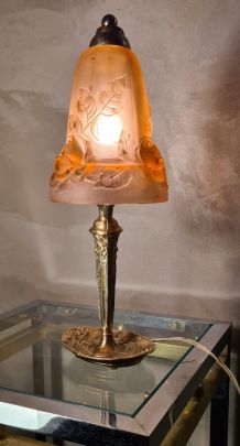 French Art Deco Table Lamp by Cherrier &amp;amp; Besnus  verre rose 