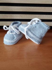 Chaussons baskets pour bébé, laine layette, tricot fait main