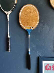 Miroir mural ovale bois métal raquette badminton "Bleu bois"