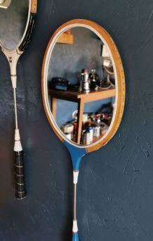 Miroir mural ovale bois métal raquette badminton "Bleu bois"