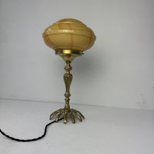 ANCIENNE LAMPE VINTAGE LAITON ET VERRE MARBRE