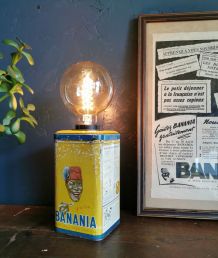 Lampe vintage salon bureau chevet métal jaune bleu Banania 
