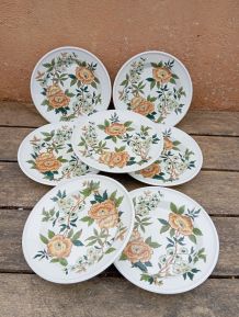 7 assiettes creuses fleurs porcelaine Sologne, années 80