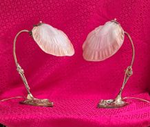 paire  de  lampes art nouveau bronze petale de verre  moulé 
