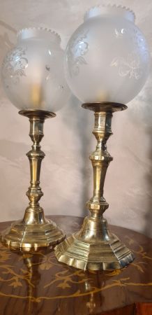 paire de lampe laiton   art deco verre gravé opaque  39x12 
