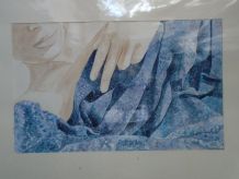 Aquarelle originale Drapé bleu signée et datée