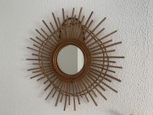Miroir vintage 1960 soleil étoile asymétrique rotin - 52 cm