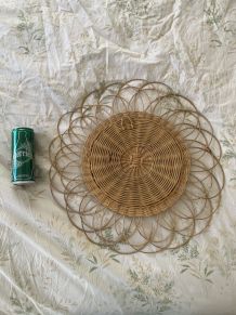 Miroir vintage 1960 soleil fleur rotin osier - 49 cm