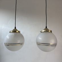 PAIRE D’ANCIENNES SUSPENSIONS VERRE GRANITE VINTAGE