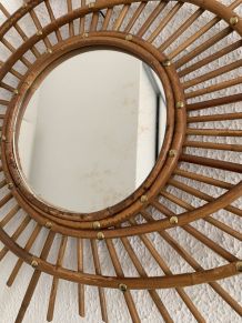 Miroir vintage 1960 soleil rotin osier ORTF spirale design -