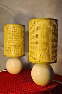 paire de lampe chevet bois beige et abat jour en jonc tressé