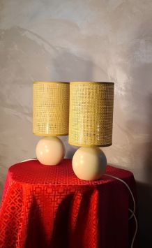 paire de lampe chevet bois beige et abat jour en jonc tressé