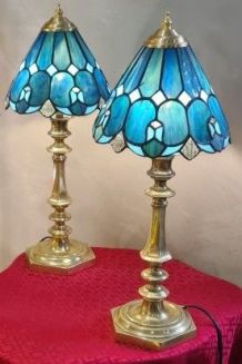 Paire lampe bronze ancienne art nouveau,   Abat jour verre 4