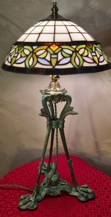 lampe regule ancien patiné bronze et abat jour verre  tiffan