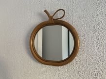Miroir vintage 1960 pomme rotin osier bambou - 32 x 35 cm