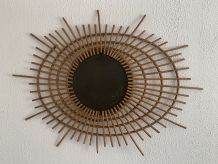 Miroir vintage 1960 soleil rotin style ORTF spirale oeil - 9