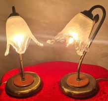 lampe de chevet laiton bois et verre 1970 a 80 ,trace d usag