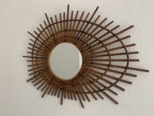 Miroir vintage 1960 soleil rotin style ORTF spirale - 80 x 6