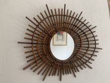 Miroir vintage 1960 soleil rotin style ORTF spirale - 80 x 6