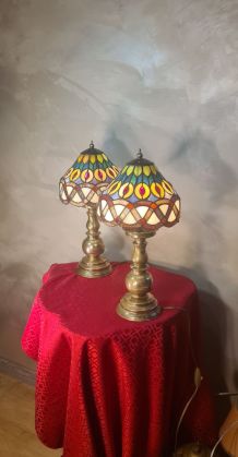 Paire lampe laiton ancienne Abat jour verre 44x21 vitrail st