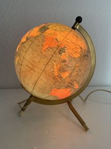 Globe vintage 1967 terrestre Taride tripode doré verre mappe