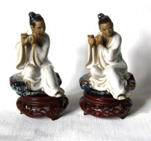 Lot de 2 joueurs de flute, musiciens asiatiques vintage