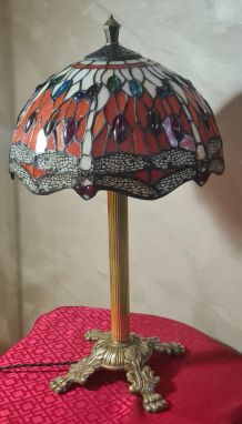 lampe ancienne bronze abat jour style tiffany pate de verre 