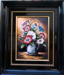 Tableau de fleurs en émail de Limoges signé al!herlig