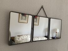 Miroir vintage 1950 triptyque barbier simili lézard noir coi