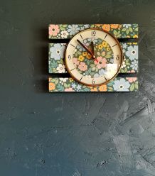 Horloge vintage pendule murale silencieuse Fleurs bleu vert