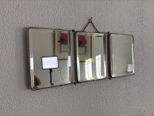 Miroir vintage 1950 triptyque barbier biseauté vert olive - 