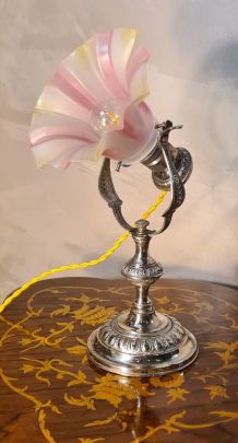 lampe de marine bronze nickelé art nouveau, tulipe opaline t