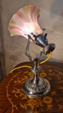 lampe de marine bronze nickelé art nouveau, tulipe opaline t