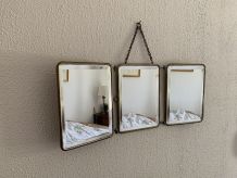 Miroir vintage 1930 triptyque de barbier lézard brun Art Déc