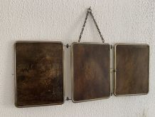 Miroir vintage 1930 triptyque de barbier lézard brun Art Déc