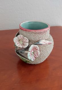 Ancien Petit Vase Barbotine décor Floral - Années 50/60