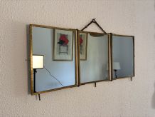Miroir vintage 1900 triptyque barbier JB doré lie de vin - 3
